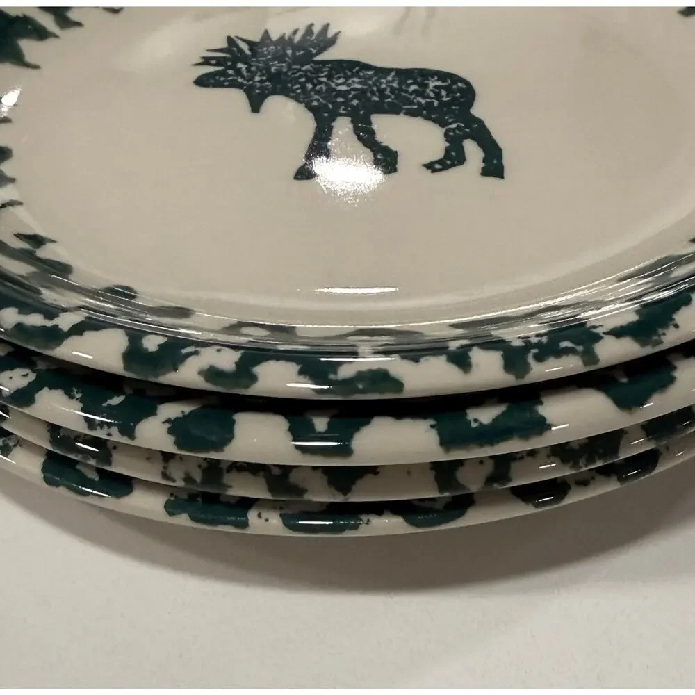 VINTAGE Tienshan Moose Country Salad Plates Set 4 Folk Craft Spongeware 8 Inch